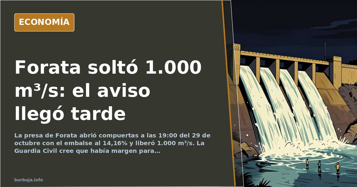Compuertas de la presa de Forata vertiendo agua hacia el río Magro durante el desembalse
