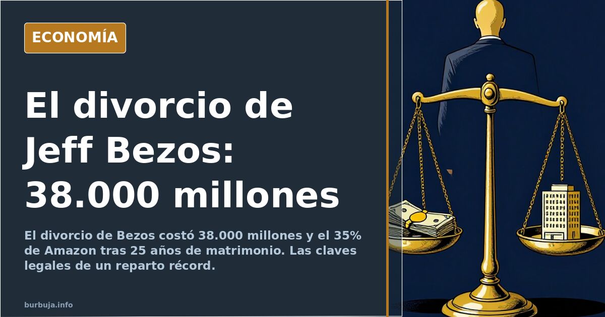 Ilustración editorial de un ejecutivo ante una balanza judicial cargada de dinero, símbolo del divorcio de Bezos