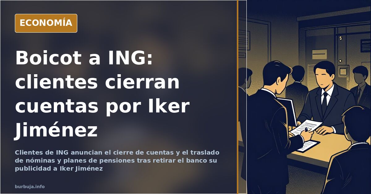 Ilustración editorial de una oficina bancaria con clientes retirando su dinero tras la cancelación de publicidad a Iker Jimén