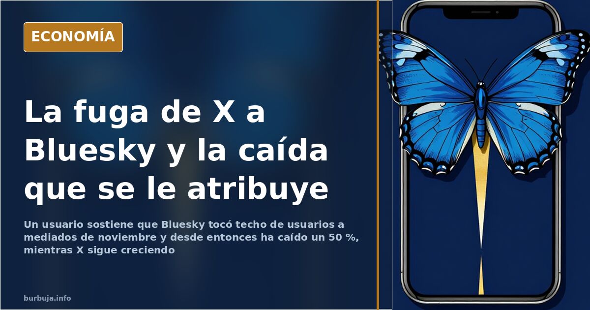 Ilustración editorial sobre la red social Bluesky y la migración de cuentas desde X, con una gráfica de usuarios sobre fondo 