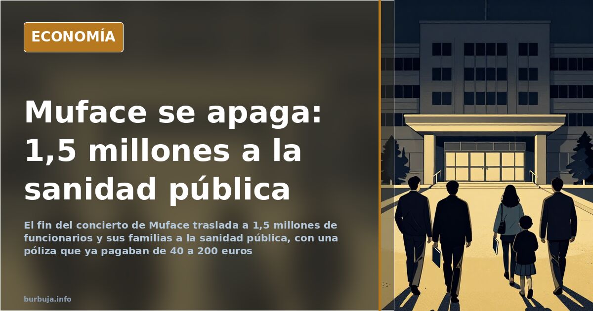 Ilustración editorial de funcionarios en cola ante una ventanilla de Muface, en azul marino y dorado, con el fin del conciert