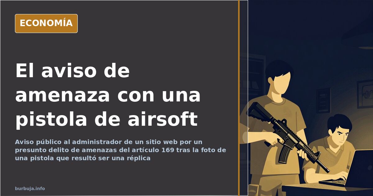 Réplica de pistola de airsoft junto a una pantalla en la que se lee un aviso de denuncia por presunto delito de amenazas
