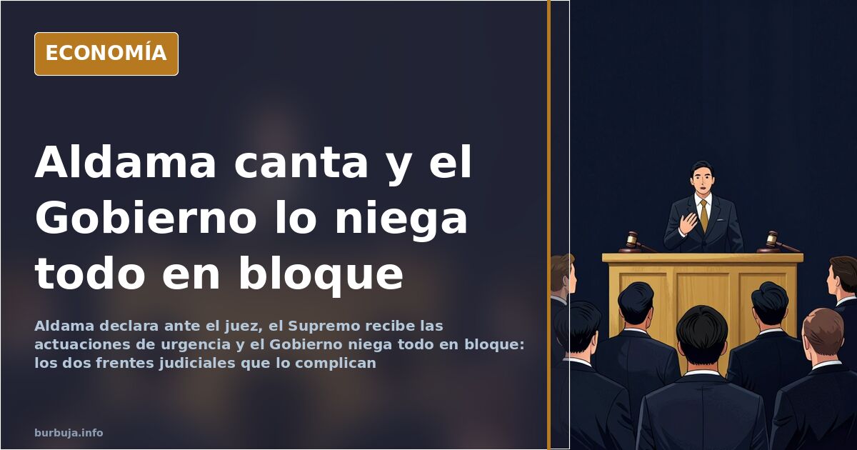 Ilustración editorial de un expediente judicial sobre una mesa de despacho con la declaración de Aldama y el Supremo de fondo