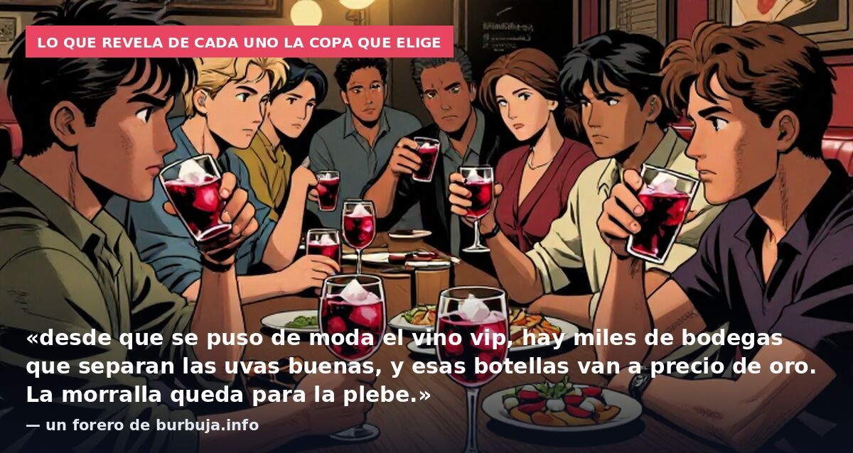Lo que revela de cada uno la copa que elige: «desde que se puso de moda el vino vip, hay miles de bodegas que separan las uvas buenas, y esas botellas van a precio de oro. La morralla queda para la plebe.» — un forero de burbuja.info