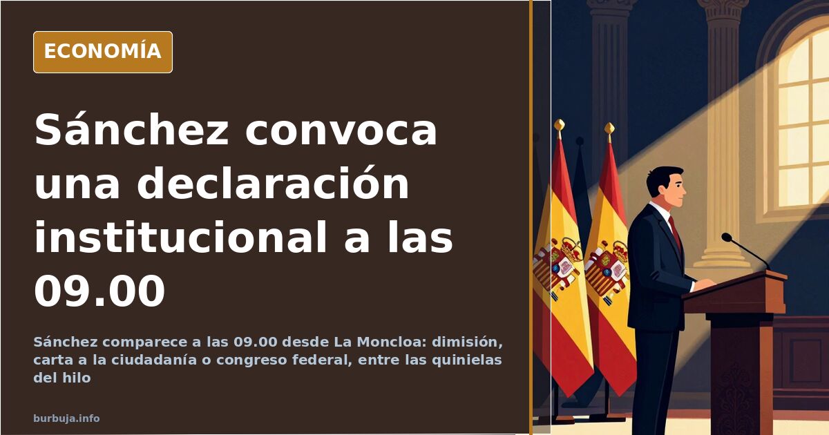 Atrio de La Moncloa al amanecer con un atril vacío y micrófonos listos para la declaración institucional de Pedro Sánchez