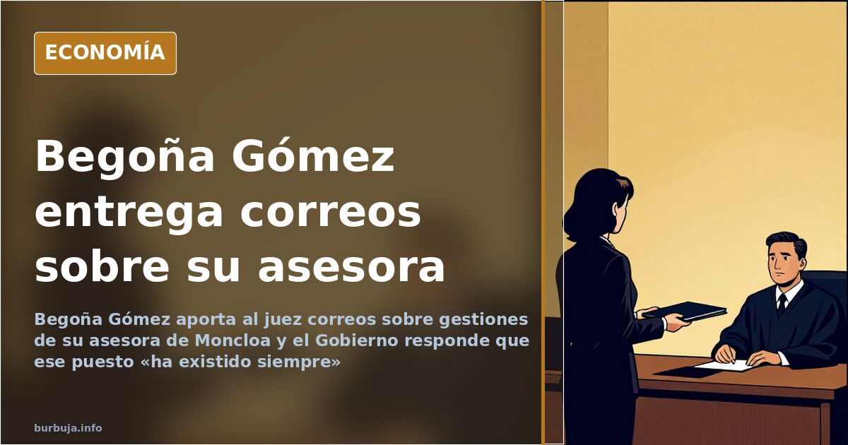 Sobres y documentos apilados en un despacho institucional, ilustración en azul marino y oro del caso Begoña Gómez