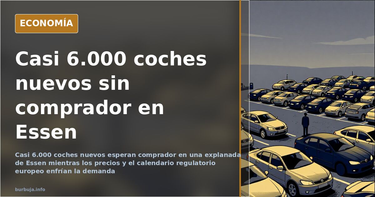 Filas de coches nuevos aparcados en una gran explanada junto a un puerto fluvial, esperando comprador en Alemania