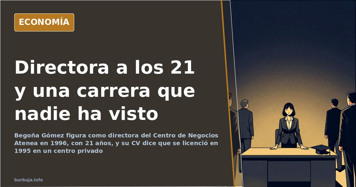 Ilustración editorial sobre el currículum de Begoña Gómez y su licenciatura en un centro universitario privado