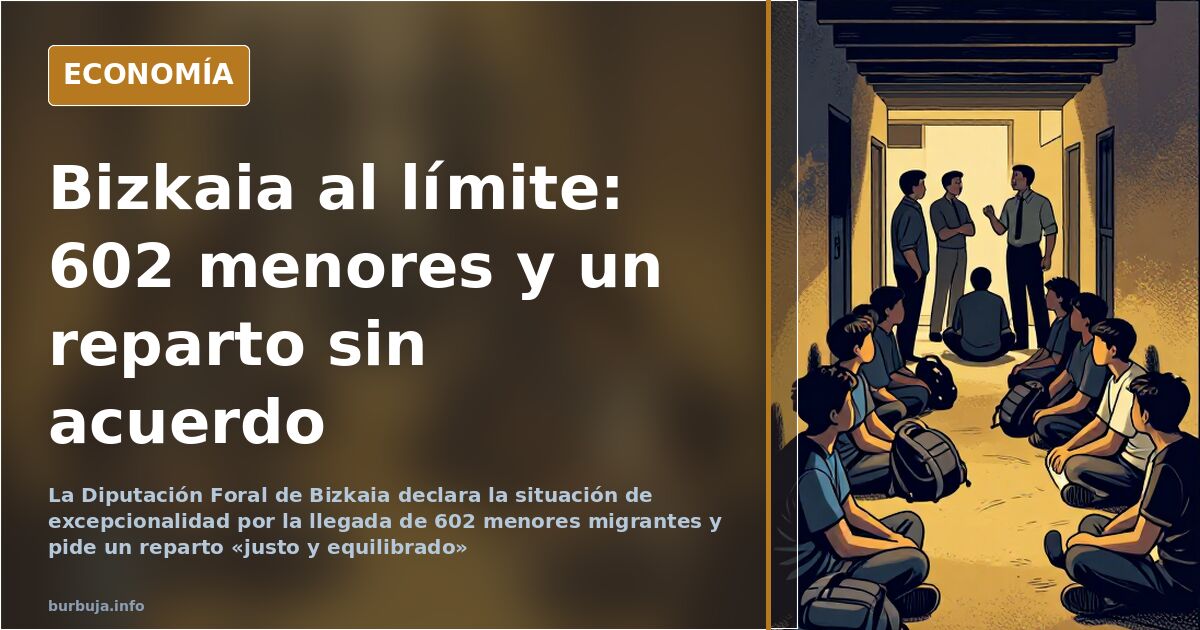 Ilustración editorial de un edificio administrativo vasco con expedientes de acogida de menores migrantes apilados sobre la m