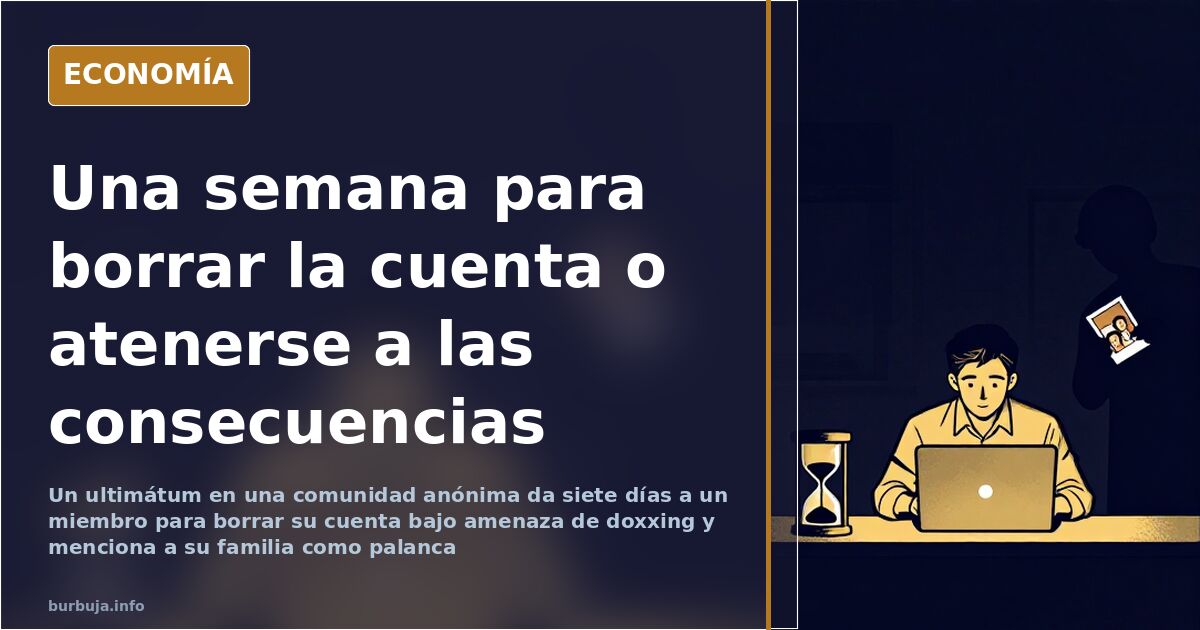 Ilustración editorial de un reloj de cuenta atrás sobre una silueta anónima frente a una pantalla de foro, sobre fondo azul o