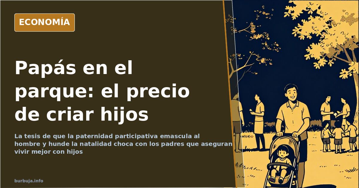 Papás en un parque infantil empujando columpios al atardecer mientras los adultos charlan, ilustración editorial azul y oro