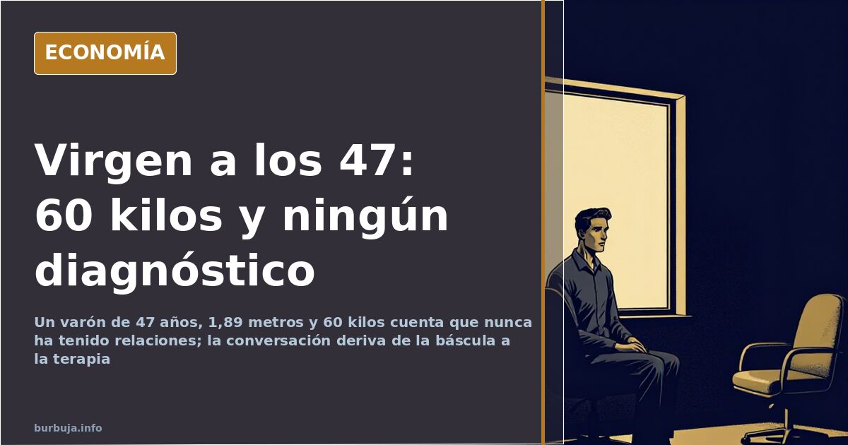 Ilustración editorial de un hombre alto y muy delgado junto a una báscula, sobre la virginidad tardía a los 47 años