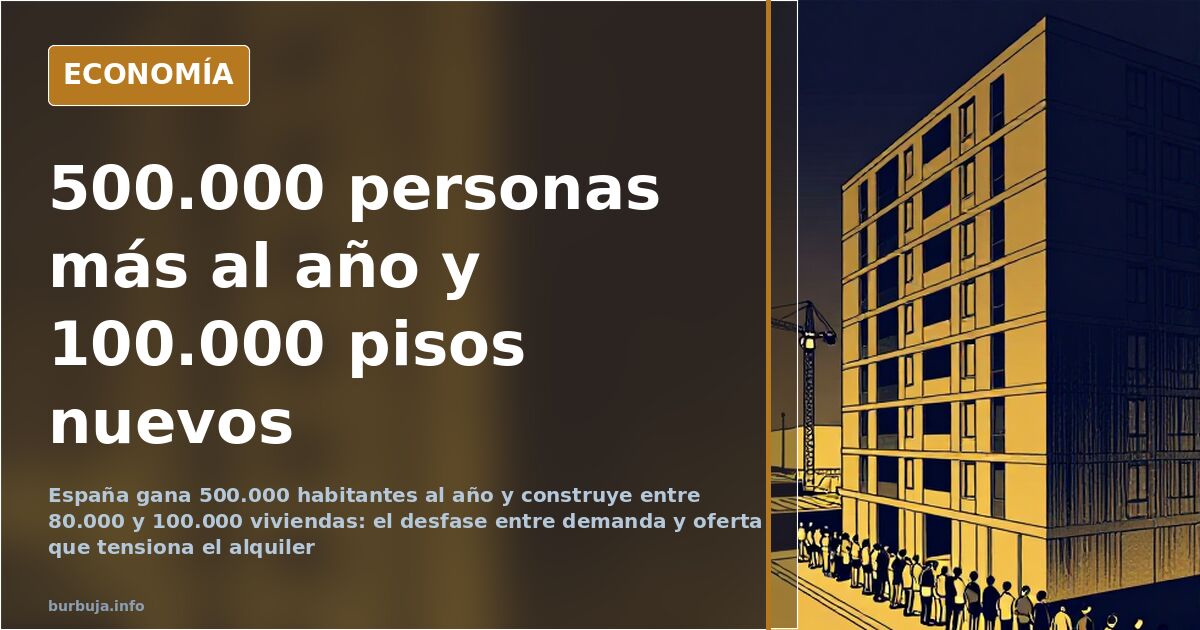 Ilustración editorial de un edificio de viviendas en alquiler con una cola de personas en la puerta y un cartel de precio en 