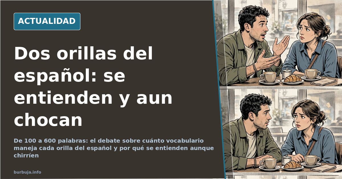 Dos columnas de texto con palabras en español de España y de América separadas por un océano estilizado y ondas de sonido
