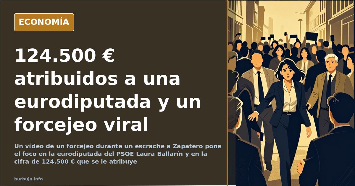 Ilustración editorial de un hemiciclo europeo con un escaño destacado y la cifra 124.500 euros atribuida a una eurodiputada d