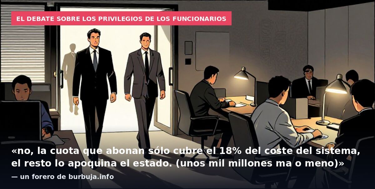 El debate sobre los privilegios de los funcionarios: «no, la cuota que abonan sólo cubre el 18% del coste del sistema, el resto lo apoquina el estado. (unos mil millones ma o meno)» — un forero de burbuja.info