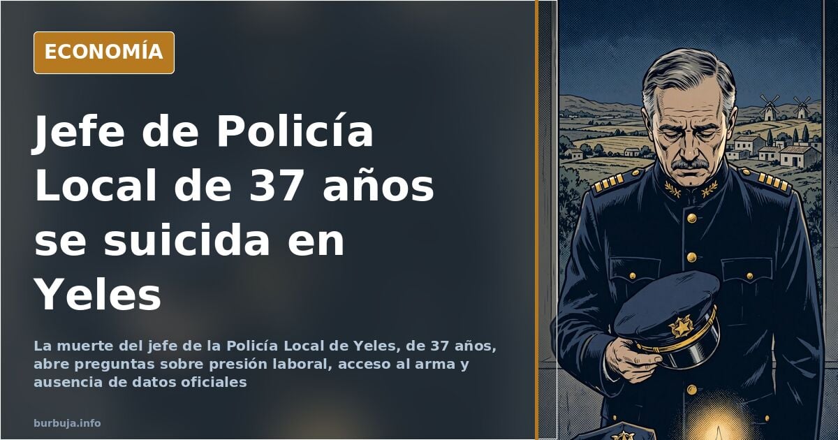 Ilustración editorial en azul marino y dorado con un coche patrulla de la Policía Local en una calle vacía de un municipio al