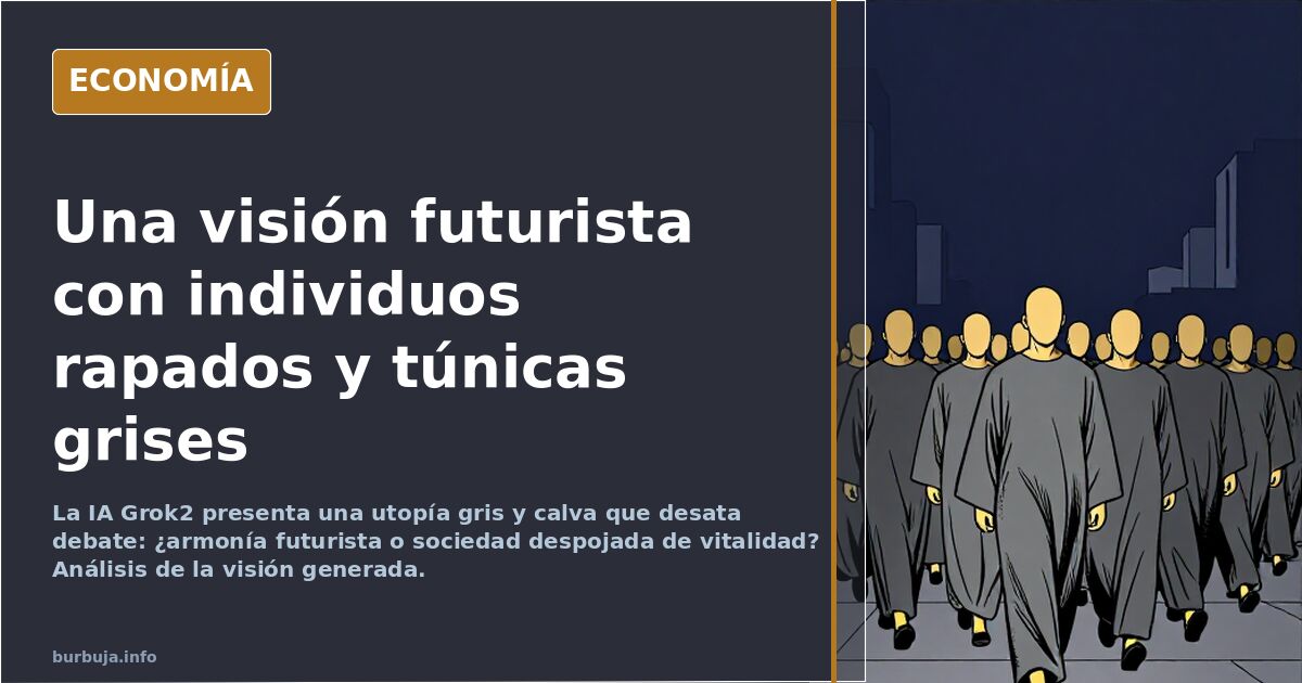 Ilustración de una sociedad futurista con personas rapadas y túnicas grises minimalistas en un entorno natural sereno