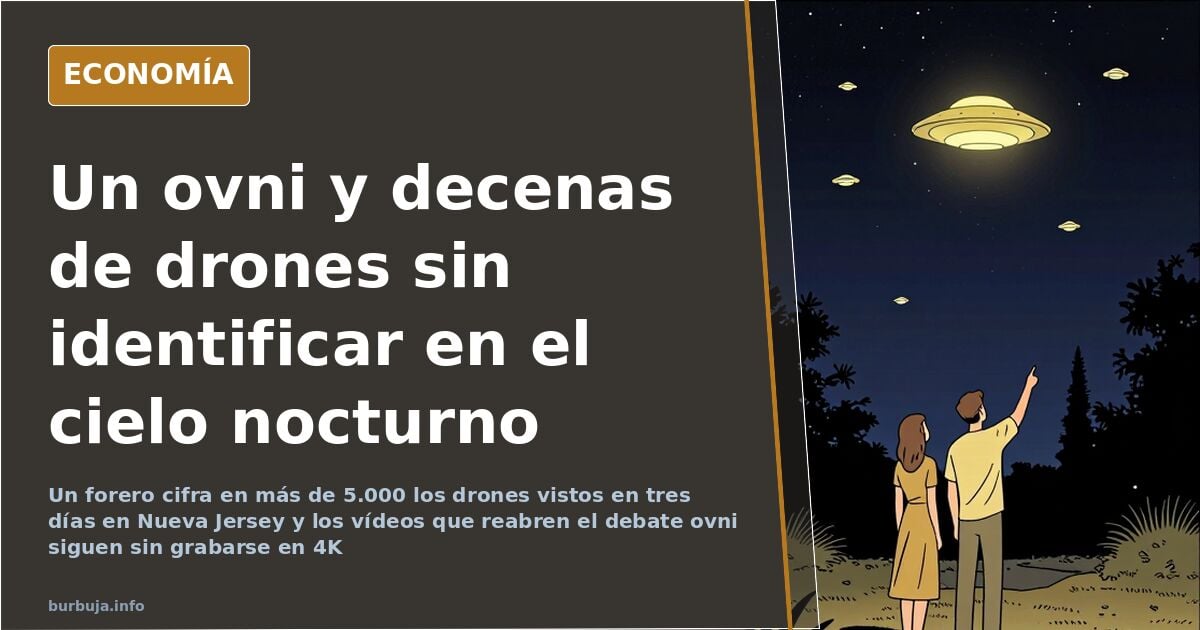 Ilustración editorial de una nave ovni sobrevolando de noche el skyline de una ciudad con drones pequeños alrededor