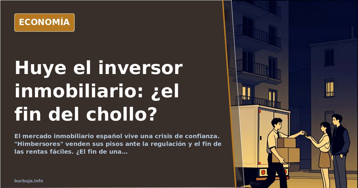 Ilustración de un inversor inmobiliario huyendo con maletas, simbolizando la salida del mercado de alquiler.