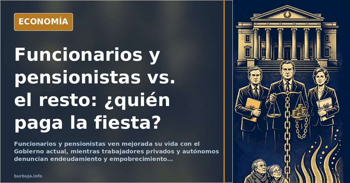 Ilustración de dos grupos de personas enfrentados, uno representando funcionarios y pensionistas con símbolos de prosperidad,