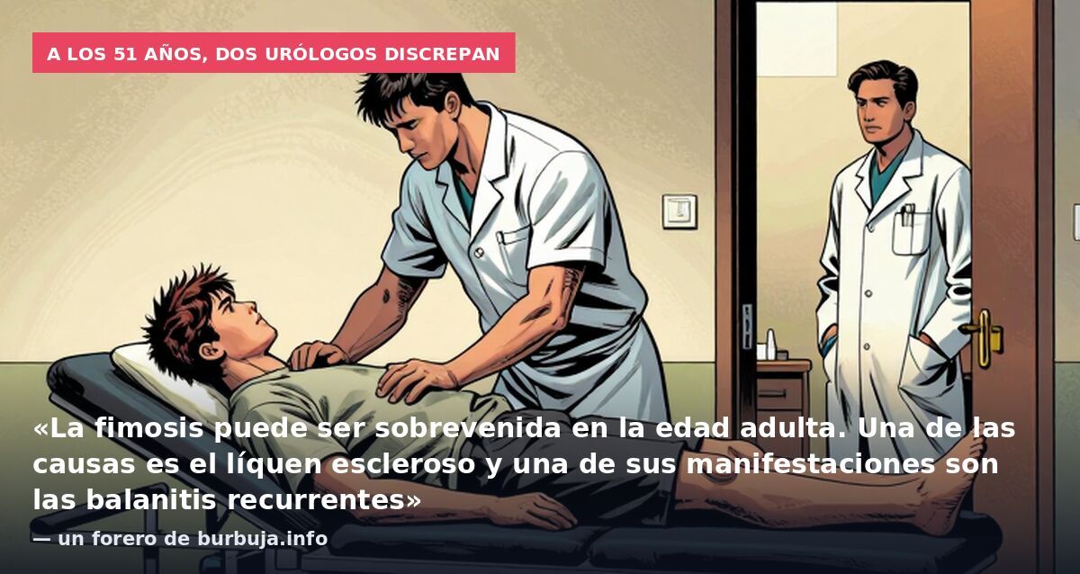 A los 51 años, dos urólogos discrepan: «La fimosis puede ser sobrevenida en la edad adulta. Una de las causas es el líquen escleroso y una de sus manifestaciones son las balanitis recurrentes» — un forero de burbuja.info