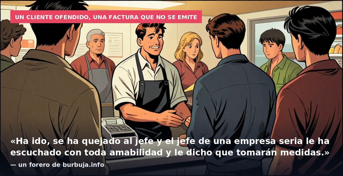 Un cliente ofendido, una factura que no se emite: «Ha ido, se ha quejado al jefe y el jefe de una empresa seria le ha escuchado con toda amabilidad y le dicho que tomarán medidas.» — un forero de burbuja.info