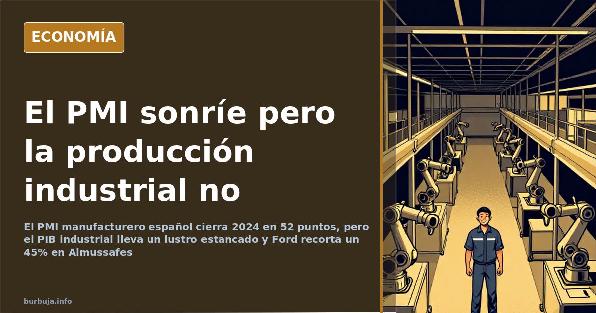 Gráfico editorial en azul marino y dorado con la línea del PMI manufacturero español frente a la producción industrial estanc