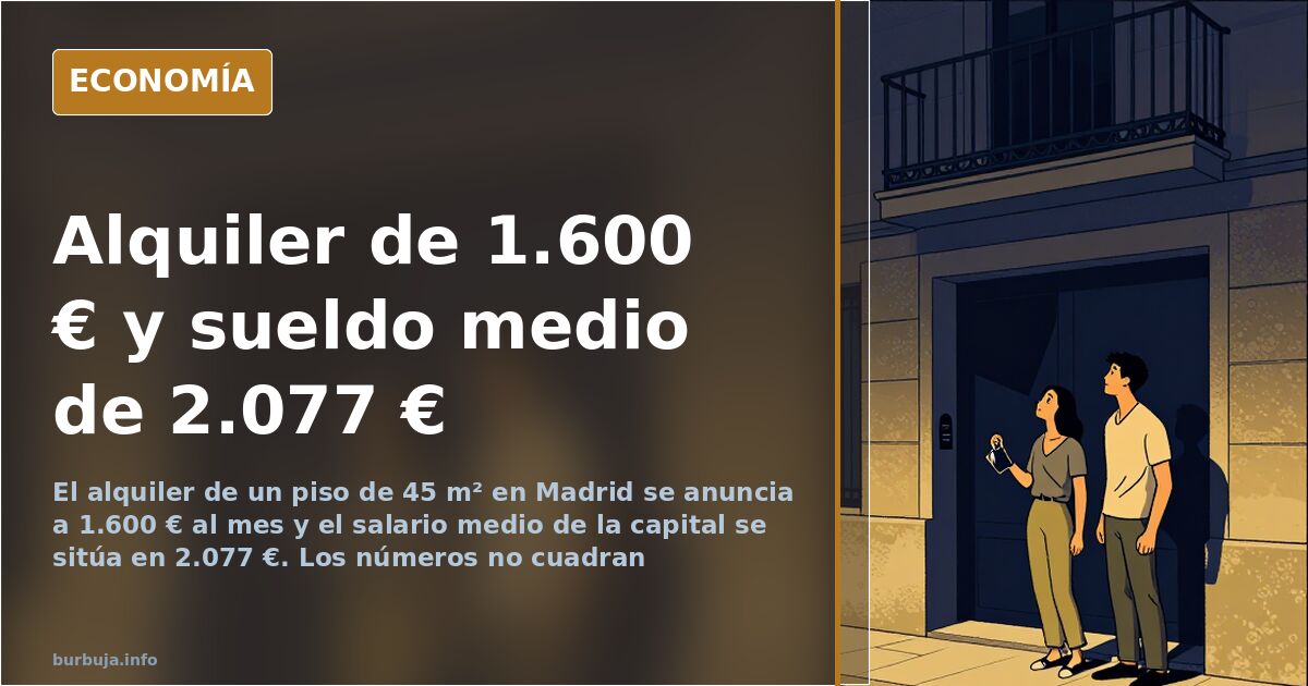 Fachada de un edificio de viviendas en Madrid con cartel de alquiler frente al salario medio de la capital