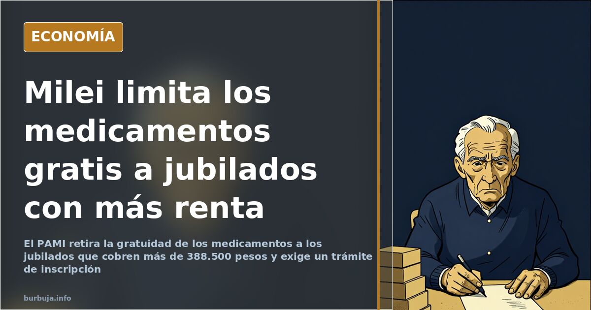 Ilustración editorial sobre la restricción de medicamentos gratuitos del PAMI a los jubilados con más renta en Argentina