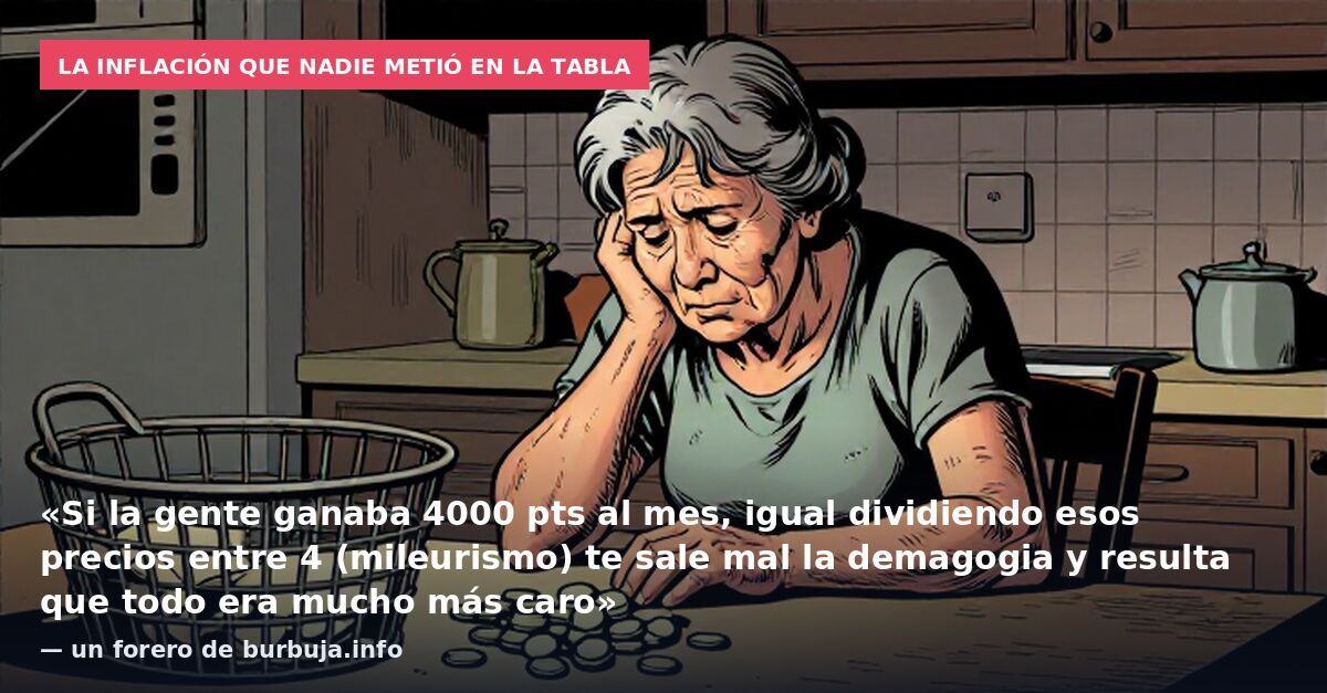 La inflación que nadie metió en la tabla: «Si la gente ganaba 4000 pts al mes, igual dividiendo esos precios entre 4 (mileurismo) te sale mal la demagogia y resulta que todo era mucho más caro» — un forero de burbuja.info