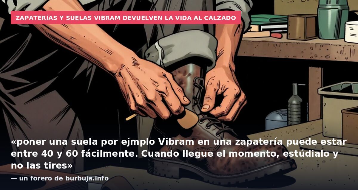 Zapaterías y suelas Vibram devuelven la vida al calzado: «poner una suela por ejmplo Vibram en una zapatería puede estar entre 40 y 60 fácilmente. Cuando llegue el momento, estúdialo y no las tires» — un forero de burbuja.info