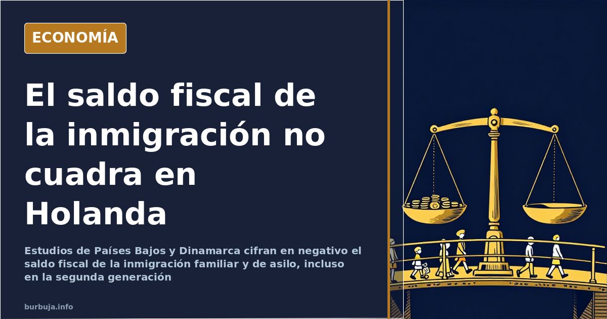 Ilustración editorial sobre el saldo fiscal de la inmigración en Países Bajos con barras descendentes en azul marino y dorado