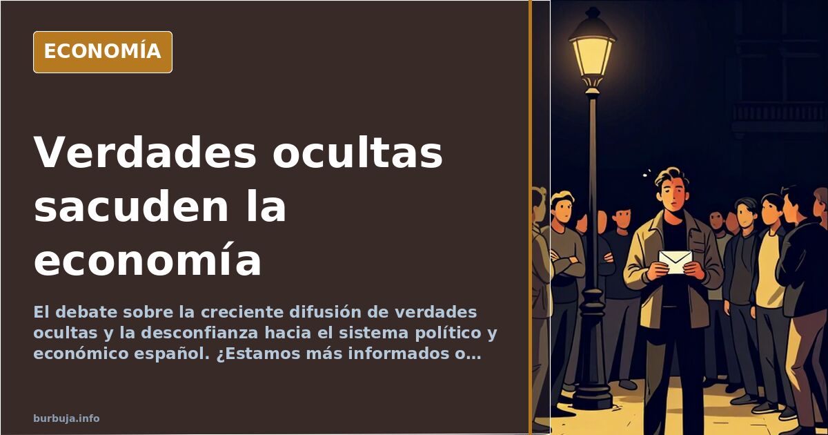 Ilustración editorial de una marea de verdades ocultas sacudiendo los cimientos de la economía, con paleta azul marino y dora