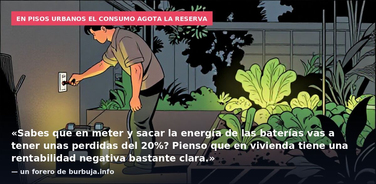 En pisos urbanos el consumo agota la reserva: «Sabes que en meter y sacar la energía de las baterías vas a tener unas perdidas del 20%? Pienso que en vivienda tiene una rentabilidad negativa bastante clara.» — un forero de burbuja.info