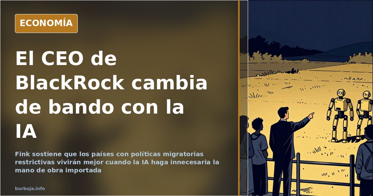 Ilustración editorial sobria sobre inteligencia artificial y política migratoria, con gráficos descendentes y siluetas de tra