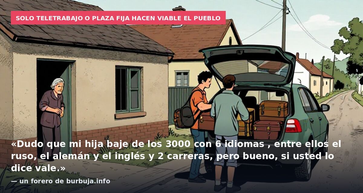 Solo teletrabajo o plaza fija hacen viable el pueblo: «Dudo que mi hija baje de los 3000 con 6 idiomas , entre ellos el ruso, el alemán y el inglés y 2 carreras, pero bueno, si usted lo dice vale.» — un forero de burbuja.info