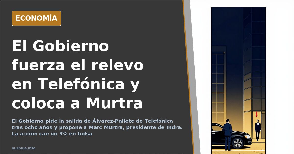 Fachada de la sede de una gran teleoperadora española con banderas institucionales al fondo, escenario del relevo en la presi