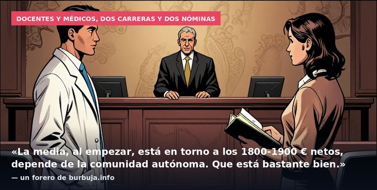 Docentes y médicos, dos carreras y dos nóminas: «La media, al empezar, está en torno a los 1800-1900 € netos, depende de la comunidad autónoma. Que está bastante bien.» — un forero de burbuja.info