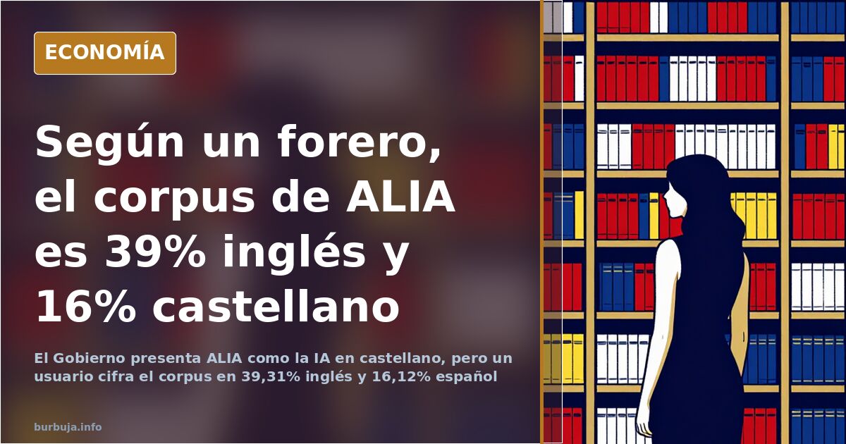 Pantalla con código y porcentajes de idioma sobre fondo azul marino y dorado, ilustrando el corpus de ALIA