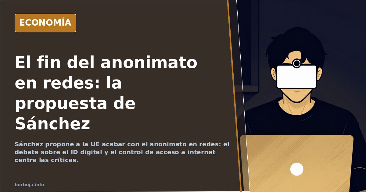 Ilustración editorial sobre el anonimato en redes sociales: silueta con careta digital ante una pantalla y un lector de ident
