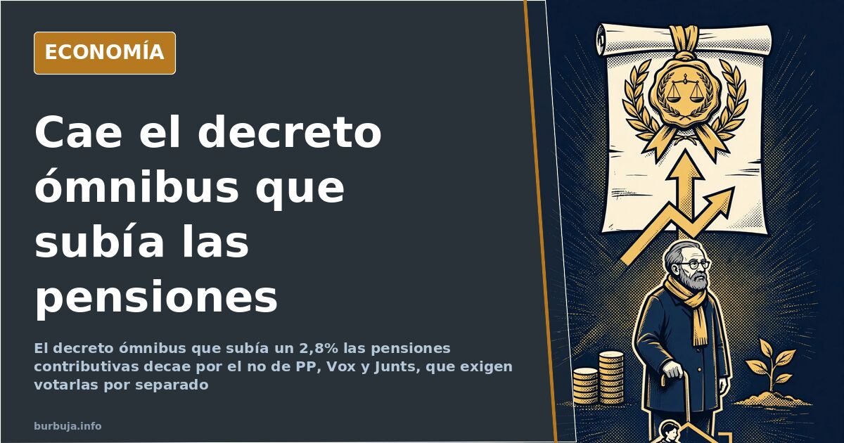 Ilustración editorial de un sobre de decreto ómnibus abierto del que cae una nómina de pensiones sobre un hemiciclo vacío