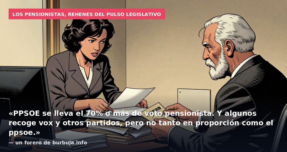 Los pensionistas, rehenes del pulso legislativo: «PPSOE se lleva el 70% o más de voto pensionista. Y algunos recoge vox y otros partidos, pero no tanto en proporción como el ppsoe.» — un forero de burbuja.info
