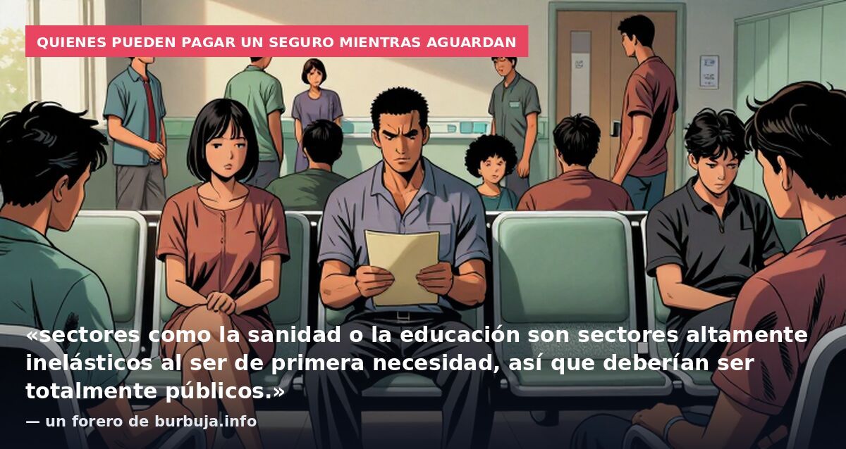 Quienes pueden pagar un seguro mientras aguardan: «sectores como la sanidad o la educación son sectores altamente inelásticos al ser de primera necesidad, así que deberían ser totalmente públicos.» — un forero de burbuja.info