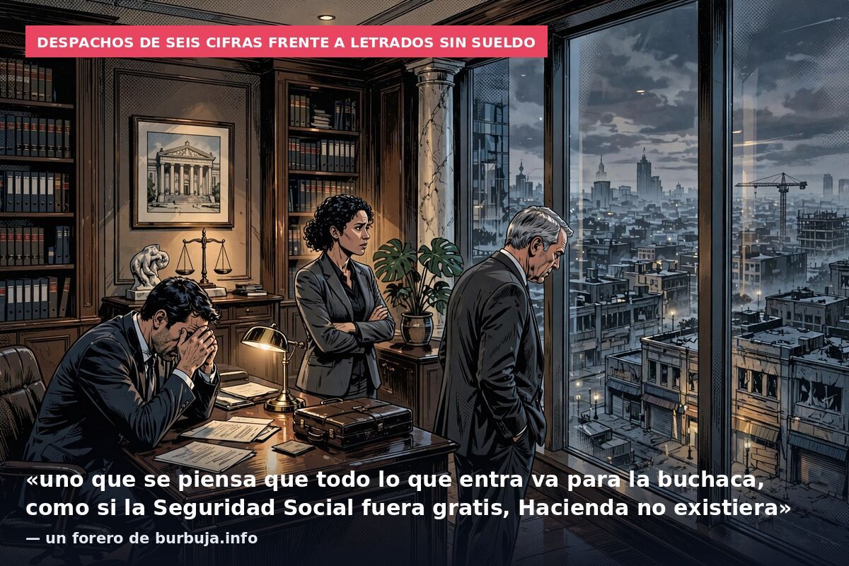 Despachos de seis cifras frente a letrados sin sueldo: «uno que se piensa que todo lo que entra va para la buchaca, como si la Seguridad Social fuera gratis, Hacienda no existiera» — un forero de burbuja.info