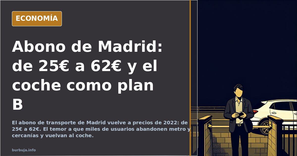 Ilustración editorial en azul marino y dorado de una estación de metro con viajeros consultando el precio del abono de transp