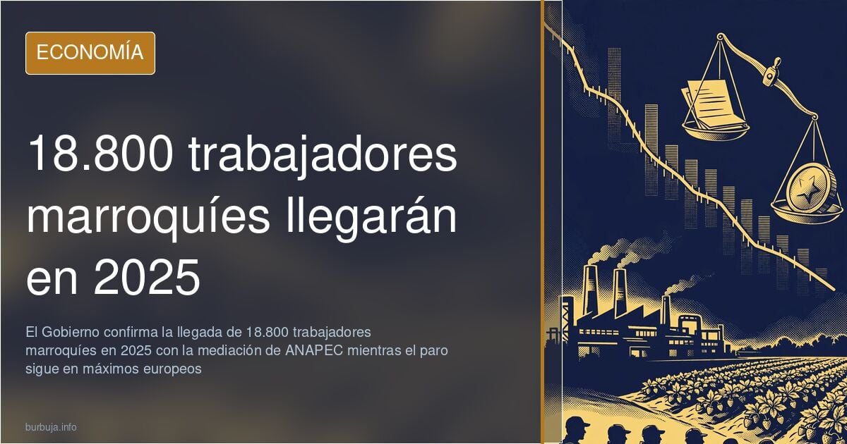 Ilustración editorial con siluetas de trabajadores, un campo de fresas y gráficos de empleo en azul marino y dorado