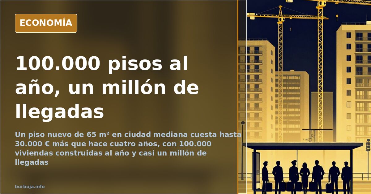 Bloques de vivienda nueva en construcción en una ciudad mediana española, con grúas y carteles de venta