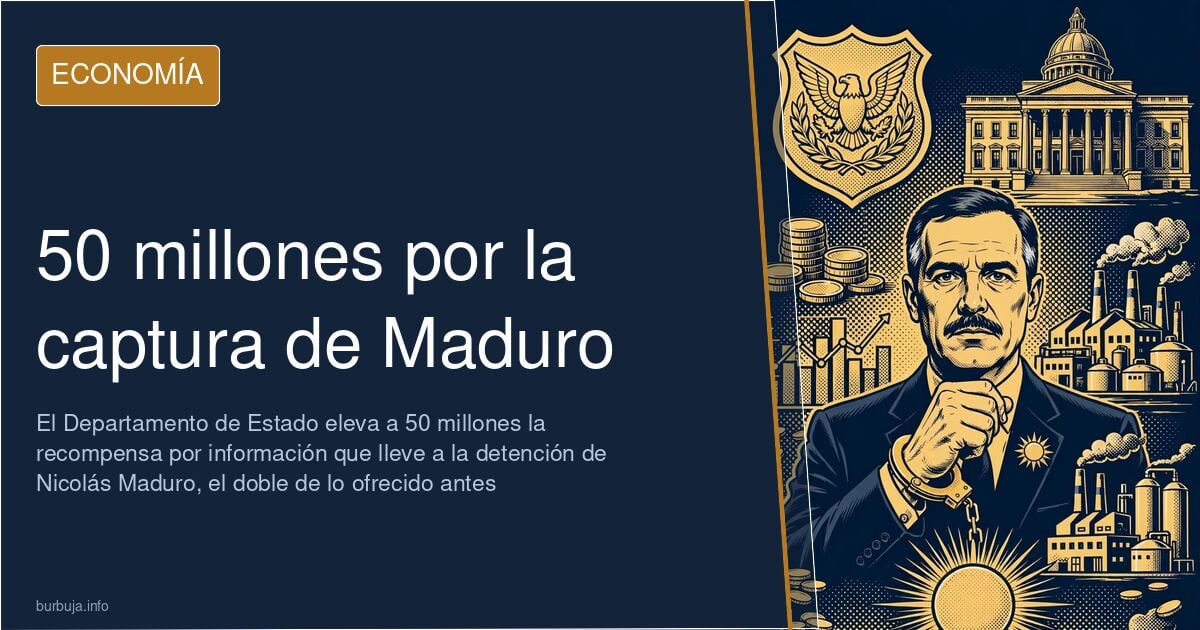 Ilustración editorial con gráfico ascendente y monedas de oro sobre un mapa de Venezuela por la recompensa de Maduro
