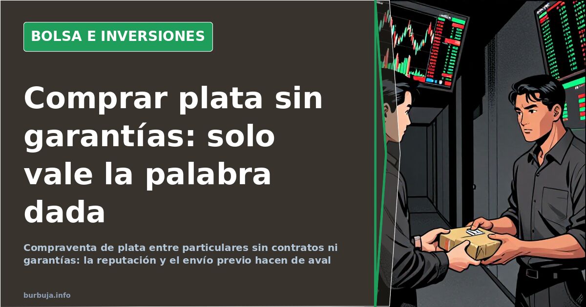 Pantallas de cotización con gráficos de velas en verde y rojo y monedas y lingotes de plata física preparados para su envío